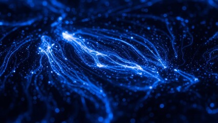 Blue luminous strands  spots on dark backdrop dynamic flow of light points