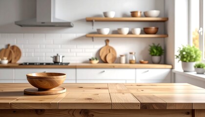 Bright, modern kitchen interior featuring wooden table, white cabinets, and natural light from a window