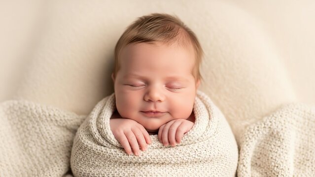 Close up of a sleeping baby wrapped in a soft white blanket with a neutral background studio shot - Powered by Adobe