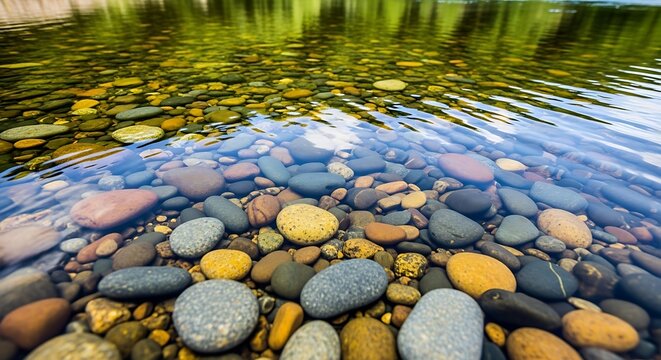 Clear river water reveals colorful smooth stones on the riverbed with reflections above