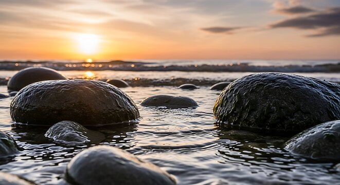 Serene sunset over ocean waves with smooth rocks in the foreground