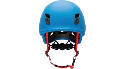 Isolated turquoise protective helmet with red straps, suitable for biking or climbing sports