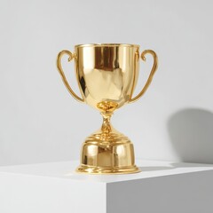 Gleaming Golden Trophy on White Geometric Pedestal, Symbolizing Victory and Achievement.
