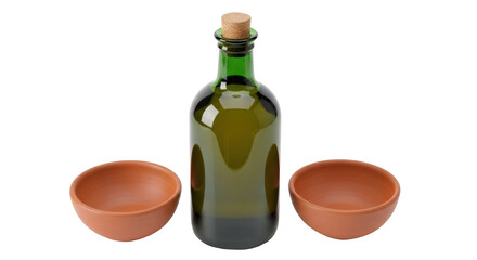 Isolated rustic olive oil bottle with cork stopper and two clay serving bowls on counter