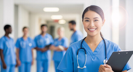 A smiling professional female doctor in a medical uniform stands in a hospital clinic holding a clipboard and wearing a stethoscope as part of a healthcare specialist team