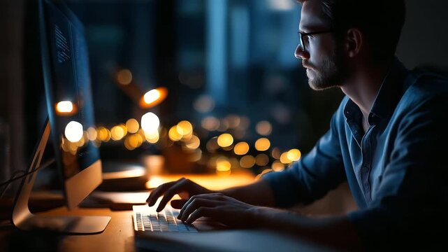 Silhouette of person working at desk at night face not visible late work night overtime dedicated freelancer evening hours dark workspace computer glow nighttime atmosphere