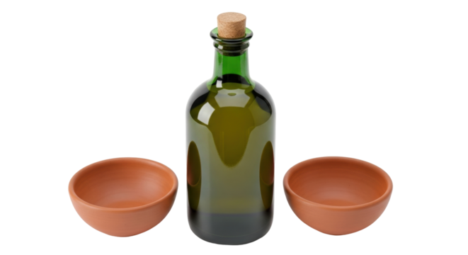 Isolated rustic olive oil bottle with cork stopper and two clay serving bowls on counter