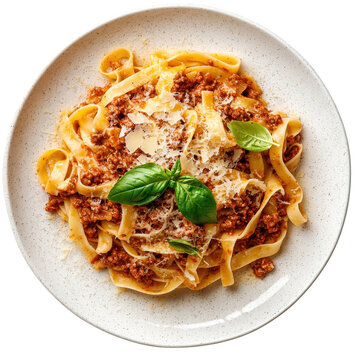 Rustic pasta plate PNG, tagliatelle with tomato meat sauce and basil garnish, Italian comfort food cutout for menus