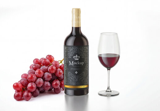 Wine Bottle Mockup with Glass and Grapes