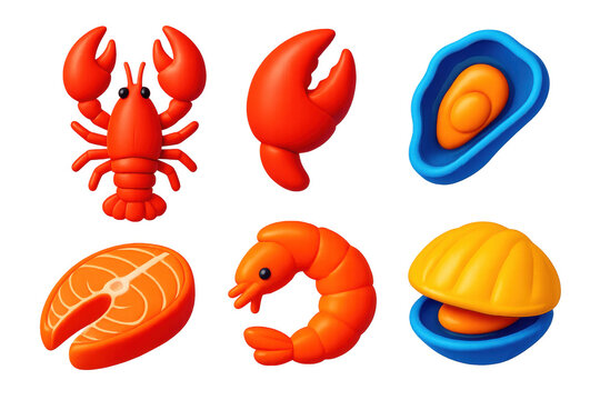 Vibrant Seafood Icons. 3D icon set of seafood cooking: lobster, crab claw, oyster shell, fish fillet, shrimp, clam. A set of