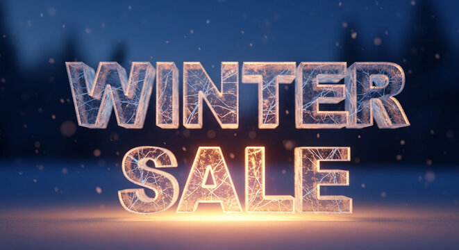 Digital illustration of "Winter Sale" text with ice texture, representing seasonal retail promotion, cold weather, and commercial offers, perfect for marketing