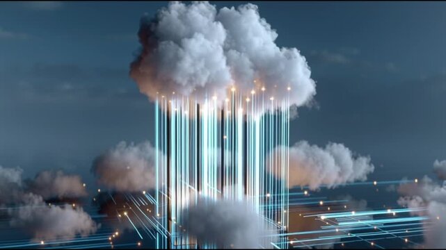 Hyperscaler. Cloud infrastructure technology innovation. Data center. Compute power. Virtualization. A futuristic representation of cloud technology with data streams.