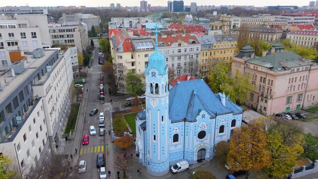 4K cinematic drone footage of the Blue Church in Bratislava, highlighting the building&rsquo;s distinctive blue colors, decorative mosaics, and curved architectural shapes in the heart of Bratislava._02
