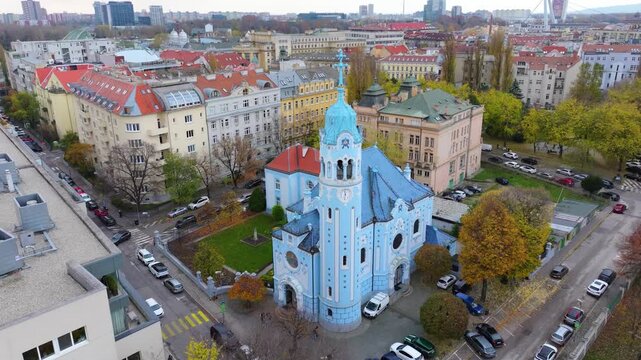 4K cinematic drone footage of the Blue Church in Bratislava, highlighting the building&rsquo;s distinctive blue colors, decorative mosaics, and curved architectural shapes in the heart of Bratislava._03