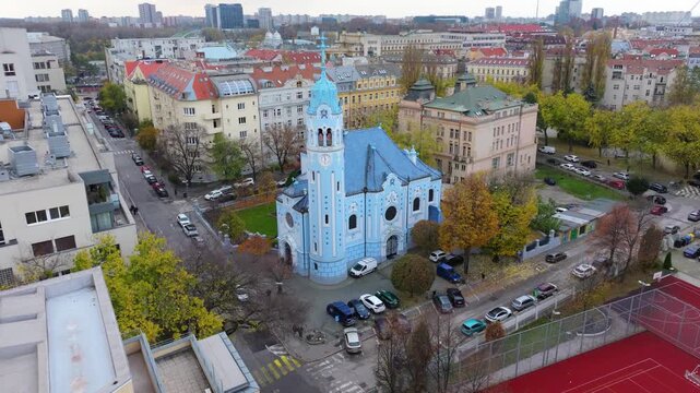 4K cinematic drone footage of the Blue Church in Bratislava, highlighting the building&rsquo;s distinctive blue colors, decorative mosaics, and curved architectural shapes in the heart of Bratislava._06