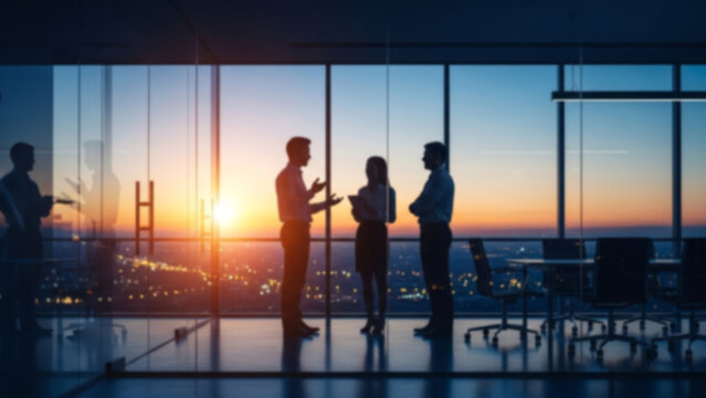 Silhouettes of professionals engaged in conversation in a glass office, with dynamic orange and blue lighting enhancing the scene.