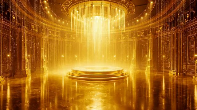 Golden illuminated chamber with radiant energy portal and reflective metallic architecture creating a dramatic abstract technological scene