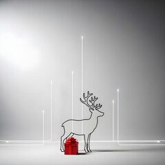 Simple line art of a reindeer silhouette, monochrome, with a red gift box with a bow on a plain background, studio shot, high resolution, Christmas lights twinkling in the background, winter night.