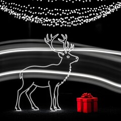 Simple line art of a reindeer silhouette, monochrome, with a red gift box with a bow on a plain background, studio shot, high resolution, Christmas lights twinkling in the background, winter night.