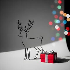 Simple line art of a reindeer silhouette, monochrome, with a red gift box with a bow on a plain background, studio shot, high resolution, Christmas lights twinkling in the background, winter night.