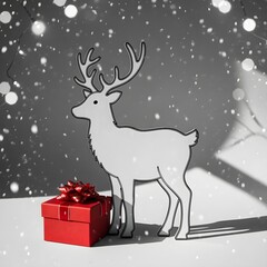 Simple line art of a reindeer silhouette, monochrome, with a red gift box with a bow on a plain background, studio shot, high resolution, Christmas lights twinkling in the background, winter night.