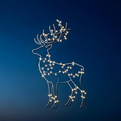 Simple line art of a reindeer silhouette, monochrome, with a red gift box with a bow on a plain background, studio shot, high resolution, Christmas lights twinkling in the background, winter night.