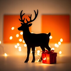 Simple line art of a reindeer silhouette, monochrome, with a red gift box with a bow on a plain background, studio shot, high resolution, Christmas lights twinkling in the background, winter night.