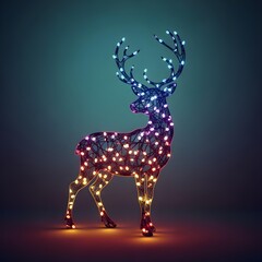 Simple line art of a reindeer silhouette, monochrome, with a red gift box with a bow on a plain background, studio shot, high resolution, Christmas lights twinkling in the background, winter night.