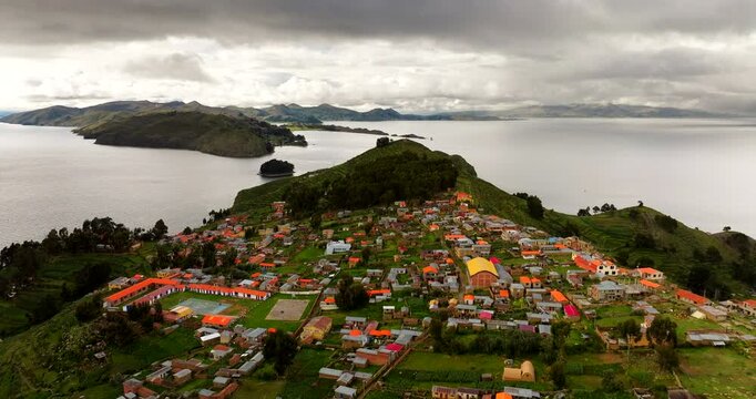 Famous Inca period Island of the Sun on Lake Titicaca with ancient ruins, aerial
