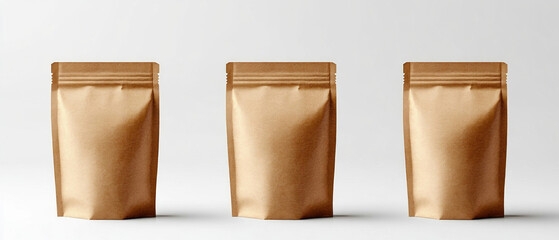 Three brown bags with sealed edges create a minimalist packaging accent — an excellent backdrop for online shops and eco-product advertising.