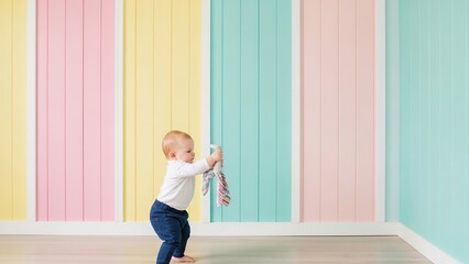 Baby standing holding a toy in front of a colorful pastel striped wall in a brightly lit room
