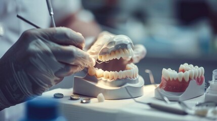 The jaw model in the dentist's hands demonstrates professional medicine and is used as an informative backdrop for medical presentations.