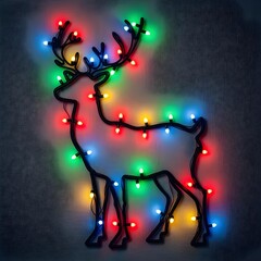 Simple line art of a reindeer silhouette, monochrome, with a red gift box with a bow on a plain background, studio shot, high resolution, Christmas lights twinkling in the background, winter night.