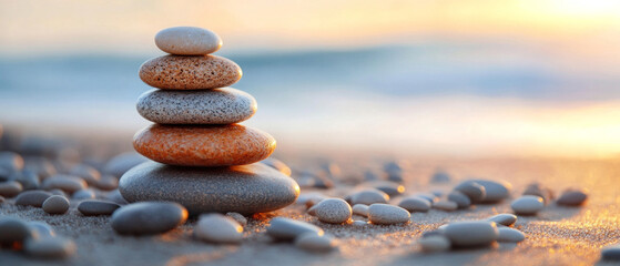 The stones on the sandy beach at sunset convey harmony and provide a backdrop for meditative practices.