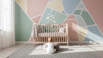 Baby sitting before a crib in a nursery with geometric pastel wall and natural light from a window