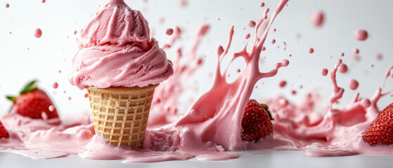 Juicy ice cream with strawberries and drizzled syrup will be a vibrant dessert backdrop for a café menu or sweet treat advertisement.