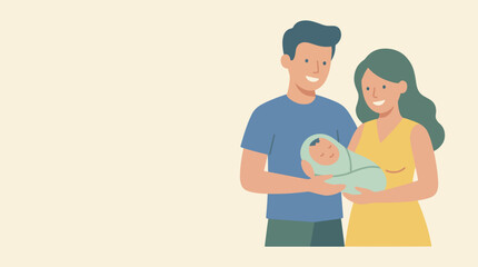 Flat vector illustration of family with infant isolated on light background with copy space