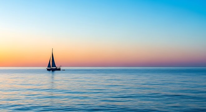 Serene sailboat glides across calm ocean under a breathtaking sunset sky