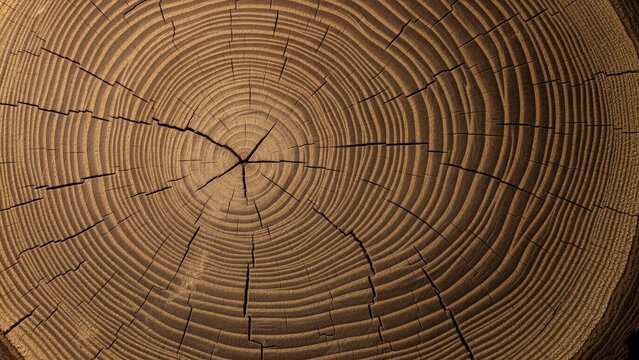Crosssection of a tree trunk showing annual rings and cracks detailed closeup
