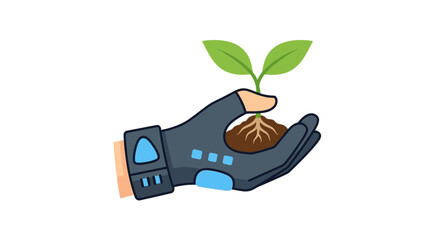 Futuristic hand in glove gently holds a young plant, symbolizing environmental care and new beginnings.