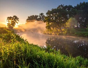 A tranquil river scene at dawn, with mist rising over water and lush green vegetation illuminated by golden light