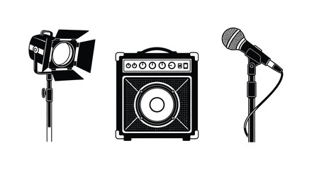 Stage performance equipment: spotlight, amplifier, and microphone on stands.