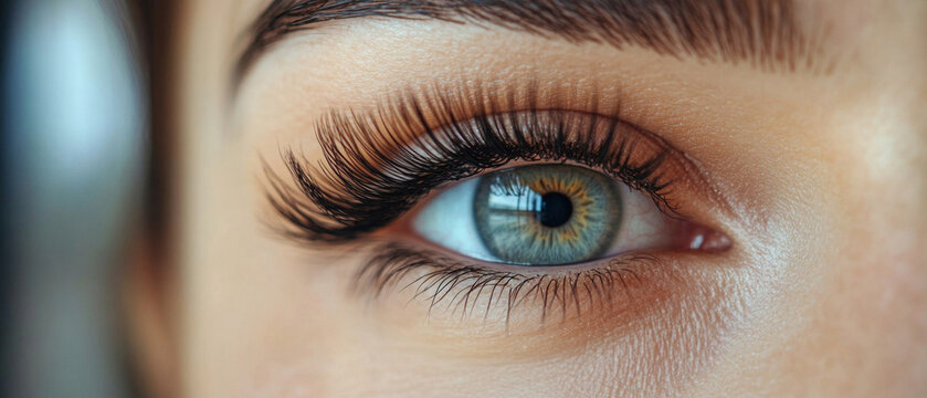 Eyes with long lashes and rich iris colour convey the beauty of a natural gaze, perfectly complementing the main background of cosmetic brands.