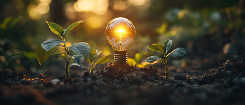 A light bulb surrounded by young shoots in the soil symbolises the harmony between technology and ecology — suitable as a background for presentations on green innovations.