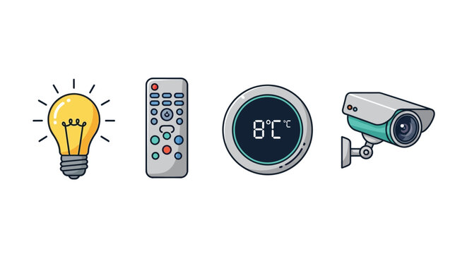 Smart home technology icons including light, remote, thermostat, and security camera