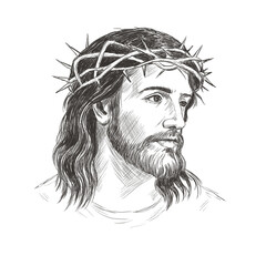 Portrait Jesus Christ freehand. Texture of writing materials. Handwritten pencil strokes. Hand drawn christian biblical line art. Christianity symbol.