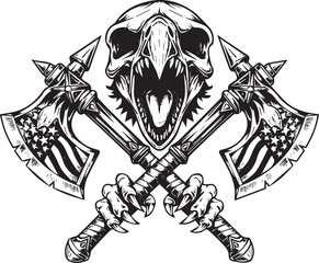 Symbolic Skull with American Flag Axes Illustration in Black and White Detailed Design