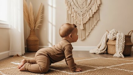 Baby crawling on a patterned rug in a neutral toned room with macrame wall hanging and vase