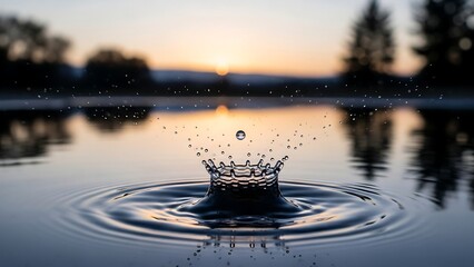 Water droplet creating a crown splash in a tranquil lake at sunset.