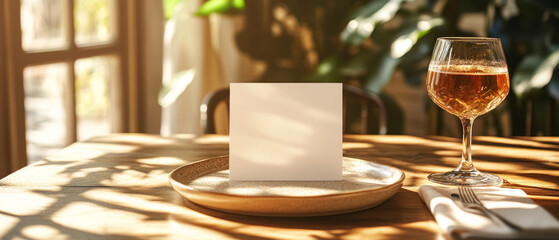 A glass of wine and an empty placard stand on a table in a cosy restaurant, creating an atmosphere of anticipation for guests — the perfect backdrop for advertising gastronomic events.